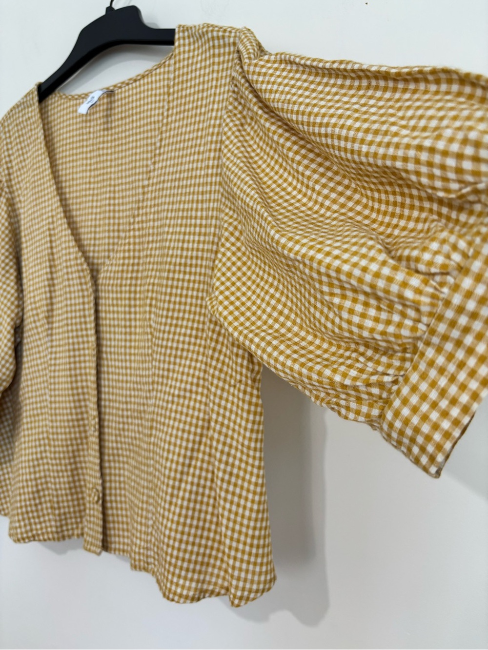 Mango lagenlook mustard gingham V-neck puff sleeve button up resort crop blouse - Picture 5 of 16